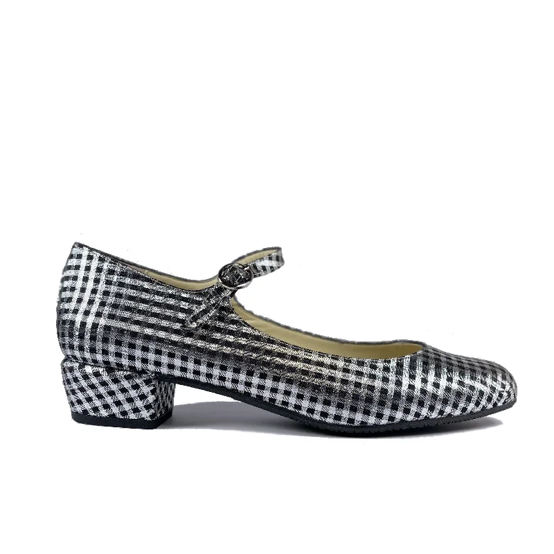 Women's satin - lined stiletto heel pumps for extra comfort'Gracie' Mary-Jane vegan Low-Heels by Zette Shoes - Silver/black gingham Women's satin - lined stiletto heel pumps for extra comfort'Gracie' Mary-Jane vegan Low-Heels by Zette Shoes - Silver/black gingham