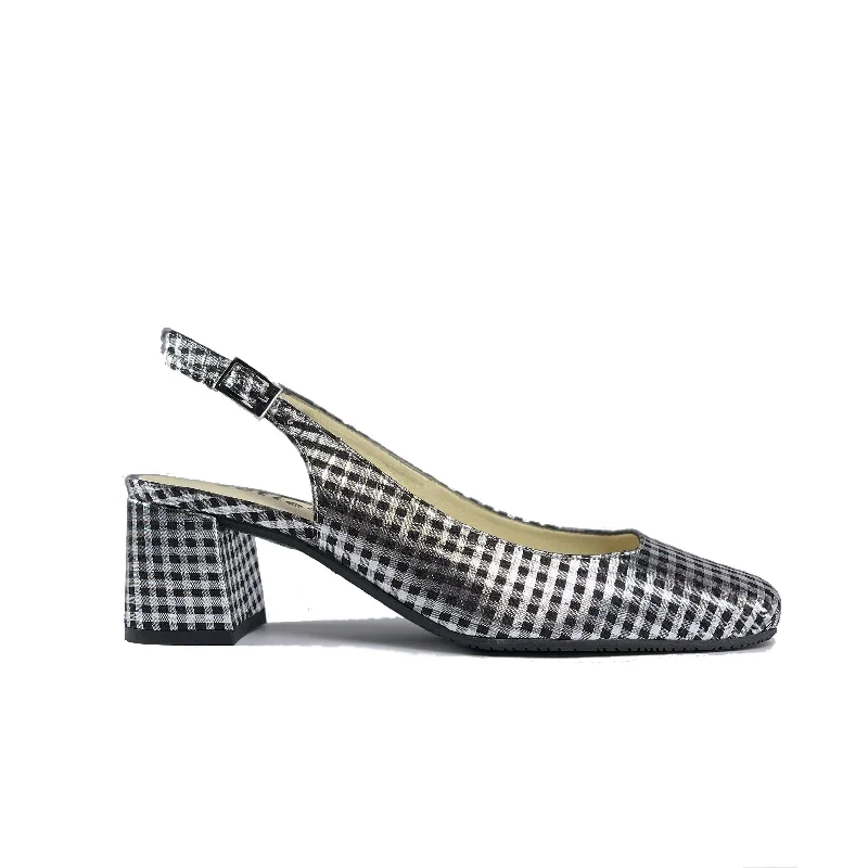 Women's microfiber stiletto heel pumps with moisture - wicking properties'Jeanne' vegan textile slingback heel by Zette Shoes - metallic silver/black gingham Women's microfiber stiletto heel pumps with moisture - wicking properties'Jeanne' vegan textile slingback heel by Zette Shoes - metallic silver/black gingham