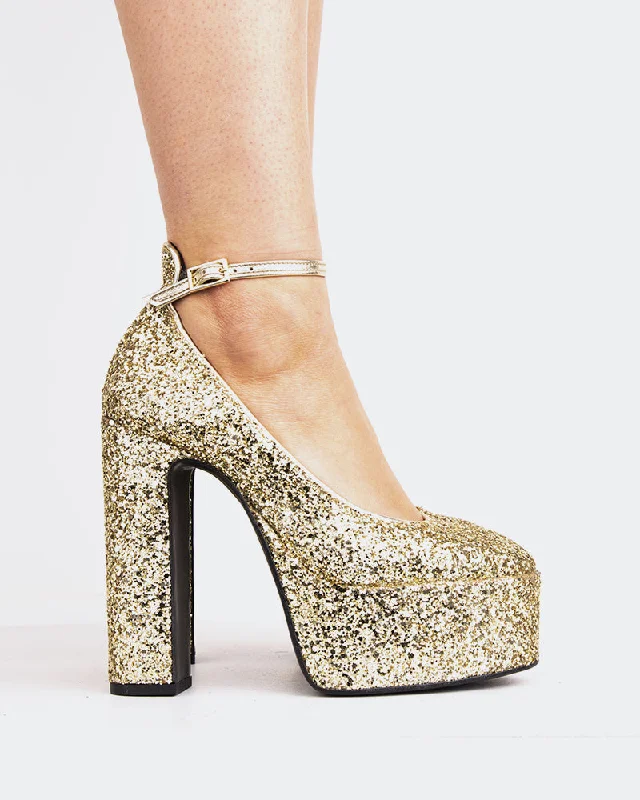 Women's adjustable - strap stiletto heel pumps for a customizable fitRunway Gold Glitter Women's adjustable - strap stiletto heel pumps for a customizable fitRunway Gold Glitter