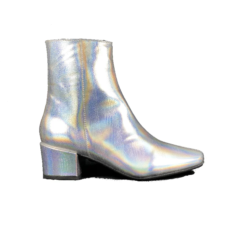 Women's party stiletto heel pumps with a glittery finish'Jacqui' vegan-leather ankle boot by Zette Shoes - Disco Silver Women's party stiletto heel pumps with a glittery finish'Jacqui' vegan-leather ankle boot by Zette Shoes - Disco Silver