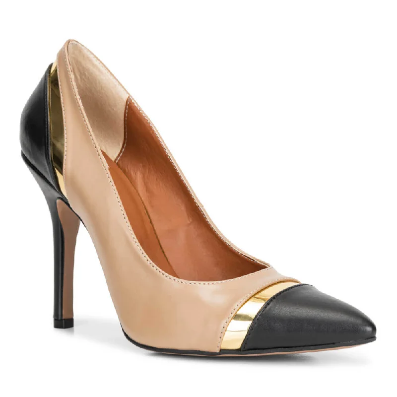 Women's ankle - strap stiletto heel pumps with a cut - out detailAlara - Black and Tan - Street Sole Women's ankle - strap stiletto heel pumps with a cut - out detailAlara - Black and Tan - Street Sole