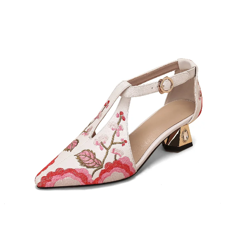 Women's wedding stiletto heel pumps with a pearl - encrusted strapTinaCus Women's Pointed Toe Embroidered Floral Print Genuine Leather Handmade Buckle Chunky Heel Sandal Pumps Women's wedding stiletto heel pumps with a pearl - encrusted strapTinaCus Women's Pointed Toe Embroidered Floral Print Genuine Leather Handmade Buckle Chunky Heel Sandal Pumps