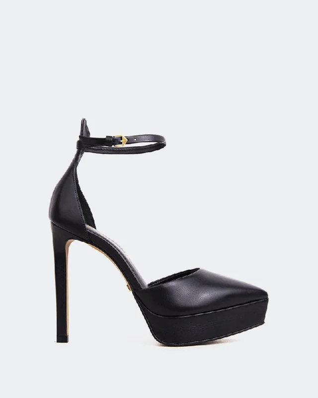 Women's strappy open - toe stiletto heel pumps with rhinestonesCharmed Black Leather Women's strappy open - toe stiletto heel pumps with rhinestonesCharmed Black Leather