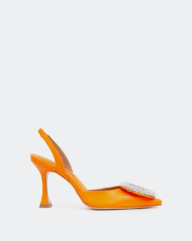 Women's prom stiletto heel pumps in a shimmery fabricMayta Orange Leather