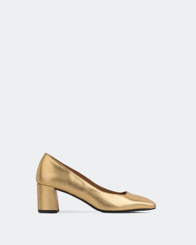 Women's metallic leather stiletto heel pumps with a reflective surfacePatrisha Gold Leather Women's metallic leather stiletto heel pumps with a reflective surfacePatrisha Gold Leather
