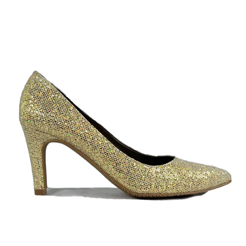 Women's ankle - strap stiletto heel pumps with a cut - out detail'Medina' gold glitter vegan mid-stiletto by Zette Shoes