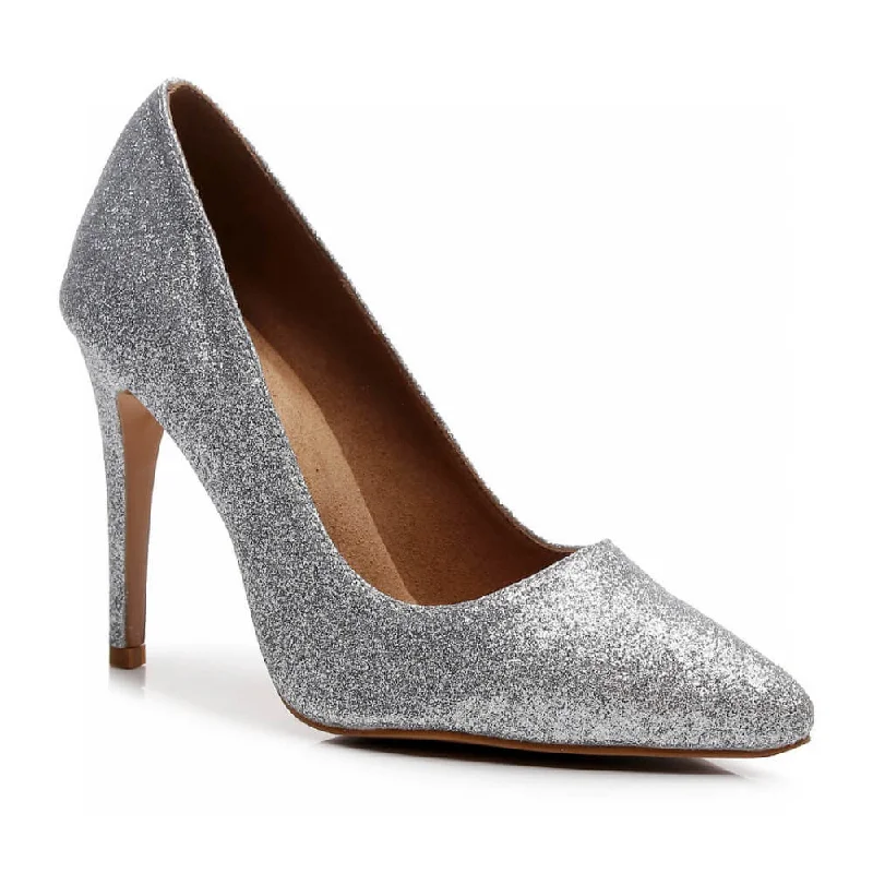 Women's metallic leather stiletto heel pumps with a reflective surfaceAdira - Silver Glitter - Street Sole Women's metallic leather stiletto heel pumps with a reflective surfaceAdira - Silver Glitter - Street Sole