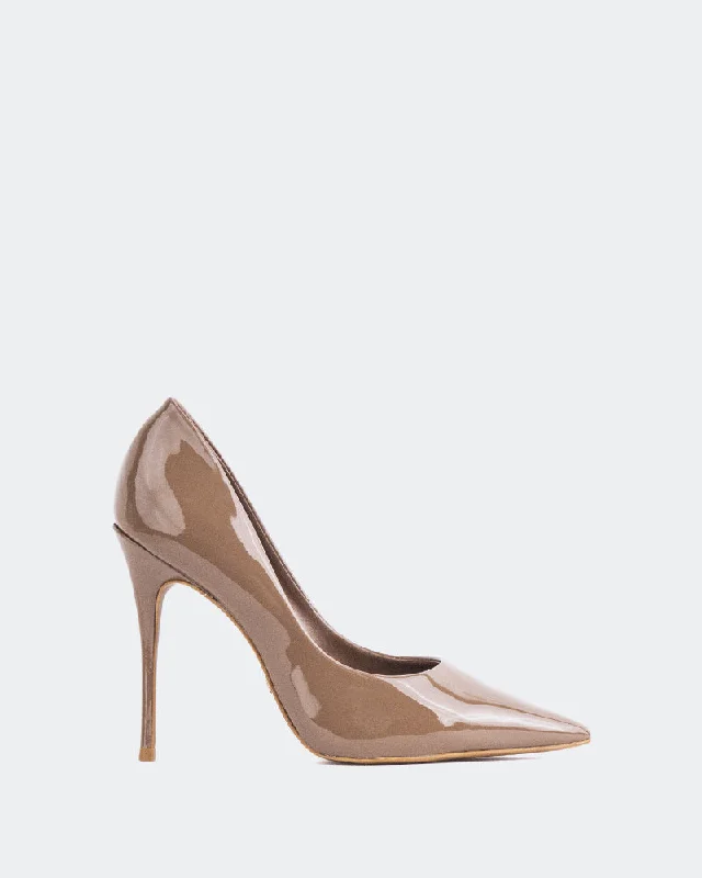 Women's lace - trimmed stiletto heel pumps with a scalloped edgeTeeva Brown Patent