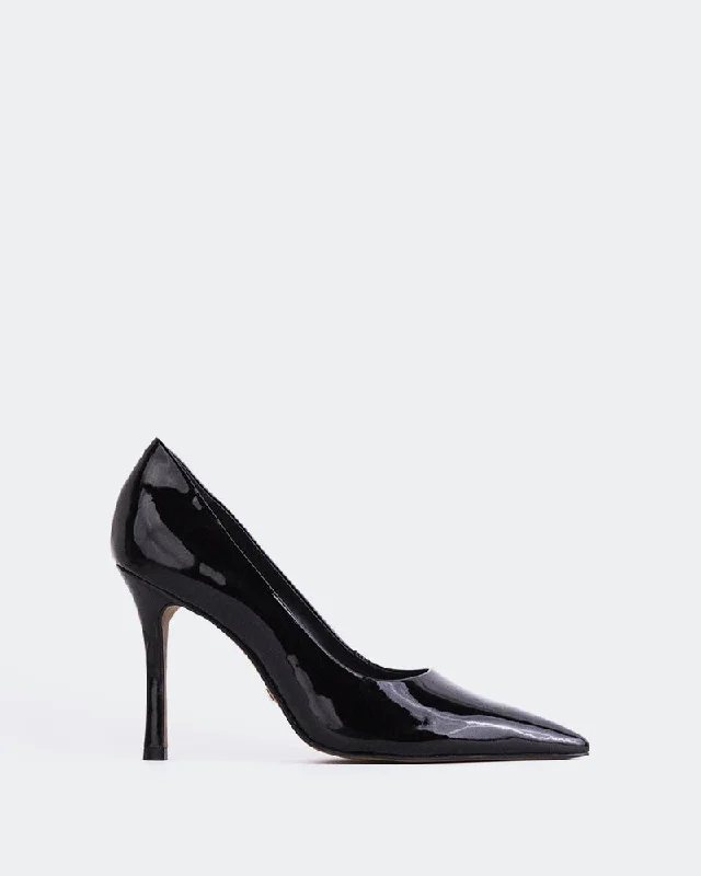 Women's prom stiletto heel pumps in a shimmery fabricMoraya Black Patent