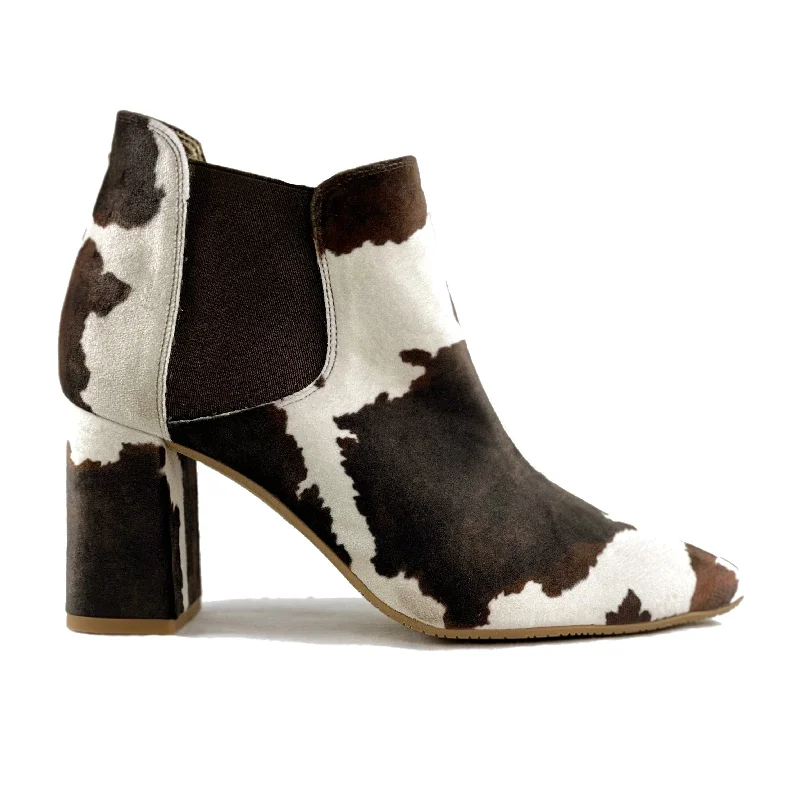 Women's office - appropriate stiletto heel pumps with a low - heel option'Rachel' vegan Chelsea bootie by Zette Shoes - velvet cow print Women's office - appropriate stiletto heel pumps with a low - heel option'Rachel' vegan Chelsea bootie by Zette Shoes - velvet cow print