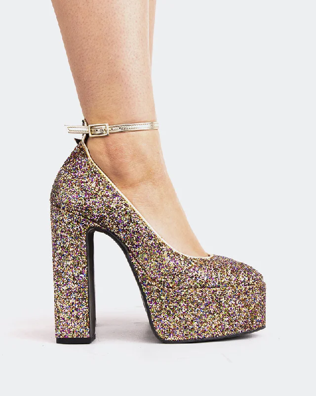 Women's prom stiletto heel pumps in a shimmery fabricRunway Brown Glitter