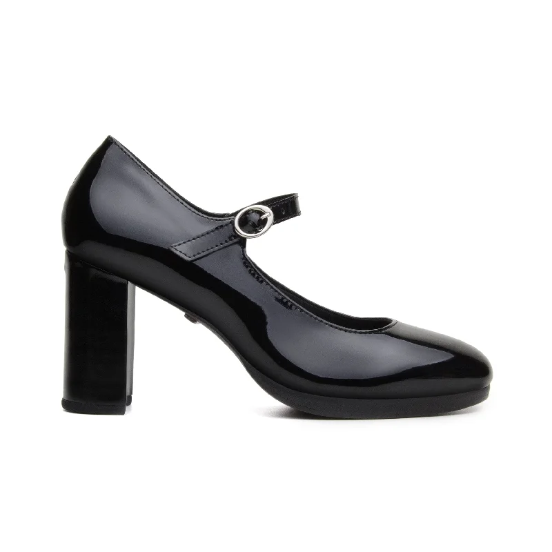 Women's mule - style stiletto heel pumps with a bow accent'Charlotte' vegan high-heeled Mary-Jane by Zette Shoes - patent black Women's mule - style stiletto heel pumps with a bow accent'Charlotte' vegan high-heeled Mary-Jane by Zette Shoes - patent black