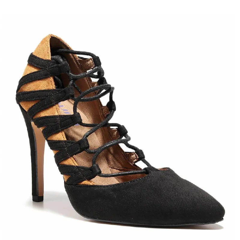 Women's pointed - toe slingback stiletto heel pumps in a peep - toe designAdorlee - Black and Tan Vegan Suede - Street Sole Women's pointed - toe slingback stiletto heel pumps in a peep - toe designAdorlee - Black and Tan Vegan Suede - Street Sole