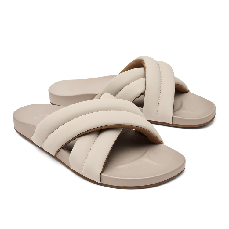 Women's wedge - heel fashion & dress shoes with a woven upper for a beach - to - dinner style OLUKAI HILA SLIDE CLOUDY Women's wedge - heel fashion & dress shoes with a woven upper for a beach - to - dinner style OLUKAI HILA SLIDE CLOUDY