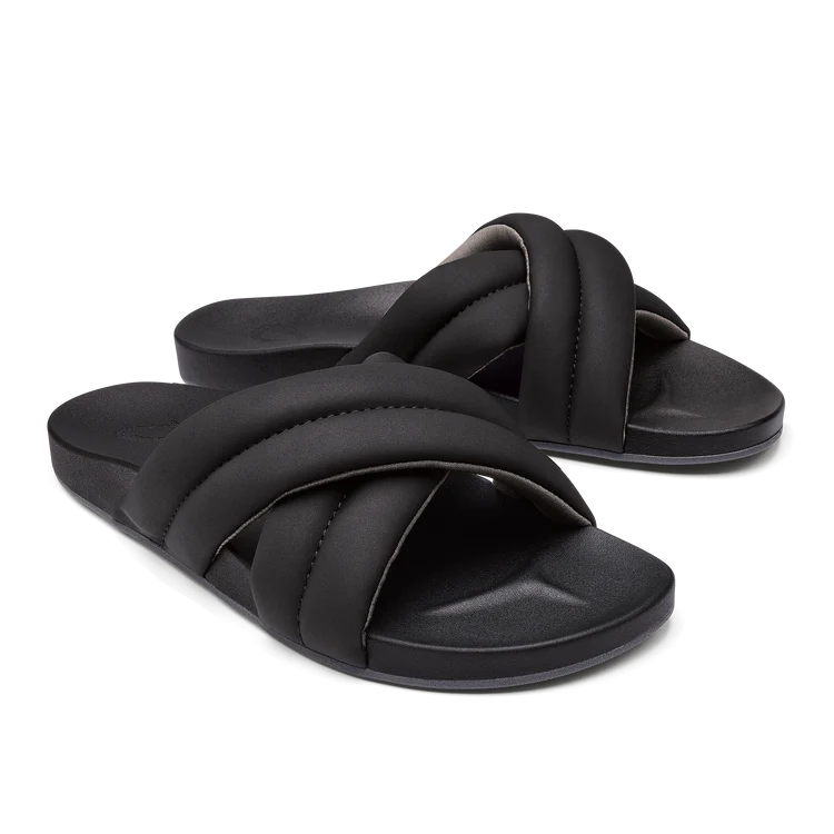 Women's strappy fashion & dress shoes with a woven leather design for a high - end look OLUKAI HILA SLIDE BLACK Women's strappy fashion & dress shoes with a woven leather design for a high - end look OLUKAI HILA SLIDE BLACK