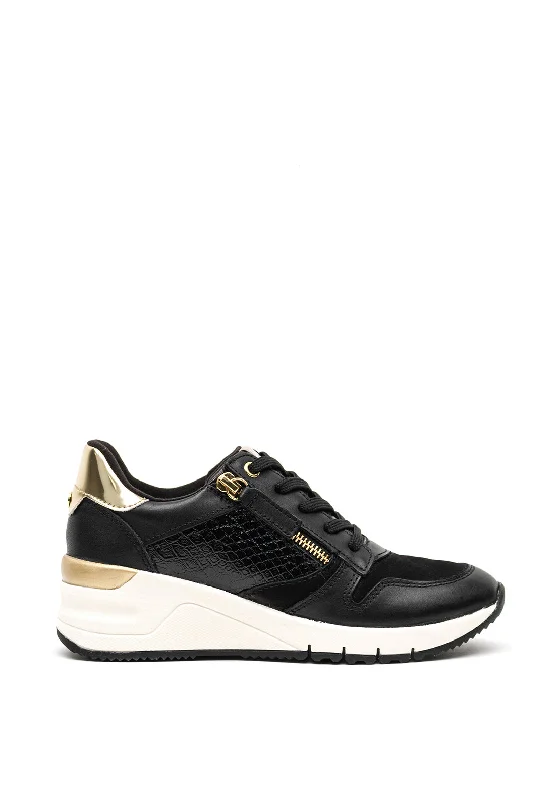 Tamaris Leather Wedged Platform Lace Up Trainers, Black & Gold