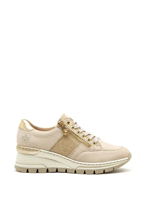 Rieker Womens Leather Gold Zip Wedge Trainers, Grey