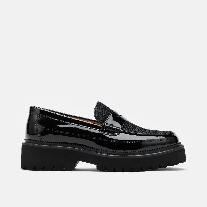 Women's open - toe fashion & dress shoes with a cork - wrapped heel for a summer - friendly style Ms. Adler Black Patent Leather Lug Penny Loafers Women's open - toe fashion & dress shoes with a cork - wrapped heel for a summer - friendly style Ms. Adler Black Patent Leather Lug Penny Loafers