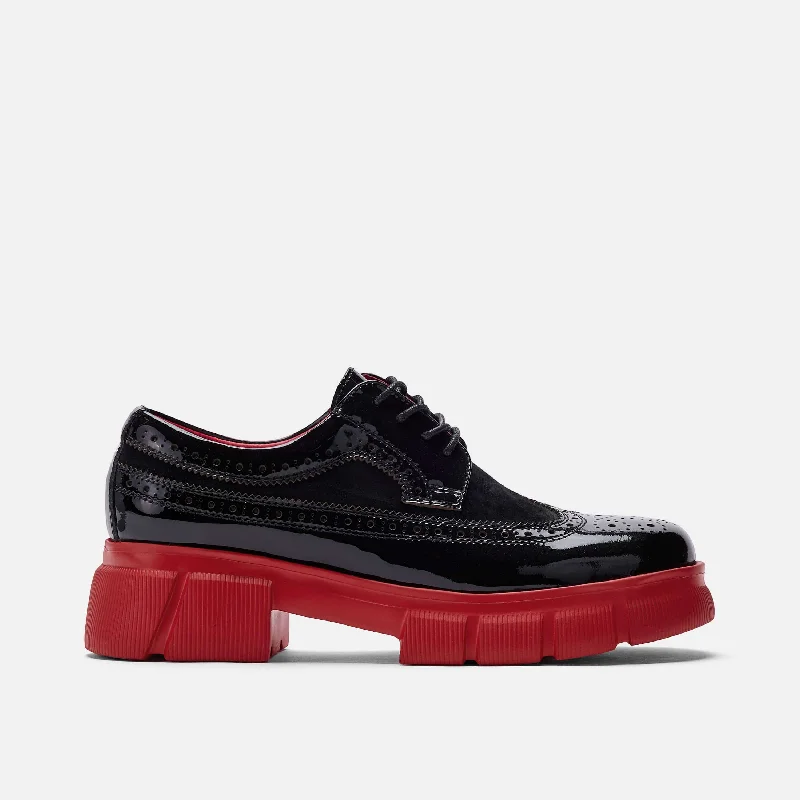Women's platform fashion & dress shoes with a chunky heel for a bold fashion statement Ms. Alexander Black/Red Leather Lug Wingtip Derby Women's platform fashion & dress shoes with a chunky heel for a bold fashion statement Ms. Alexander Black/Red Leather Lug Wingtip Derby