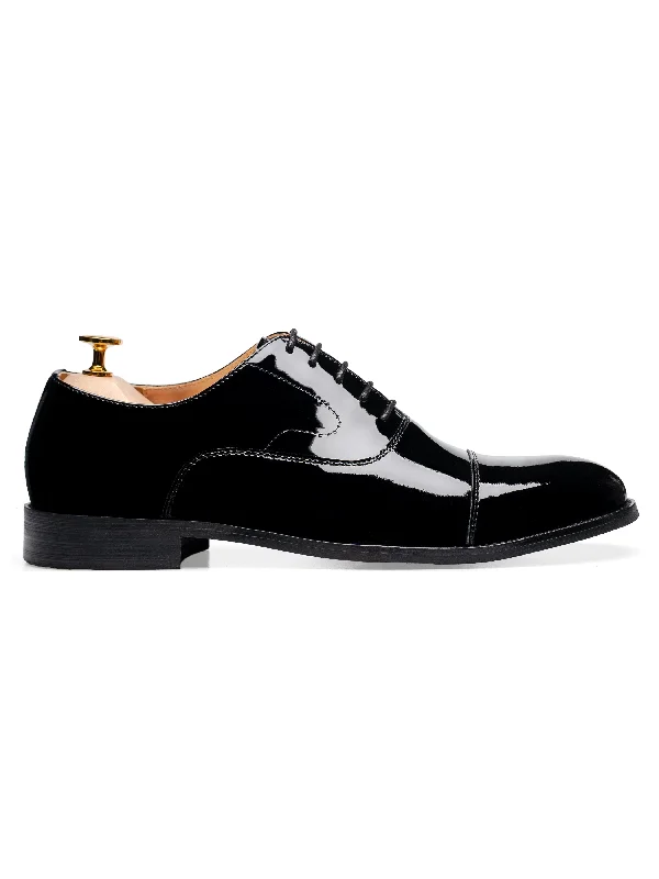 Women's satin peep - toe fashion & dress shoes in a nude color for a bridal look Oxford Cap Toe Tux - Black Patent Leather Women's satin peep - toe fashion & dress shoes in a nude color for a bridal look Oxford Cap Toe Tux - Black Patent Leather