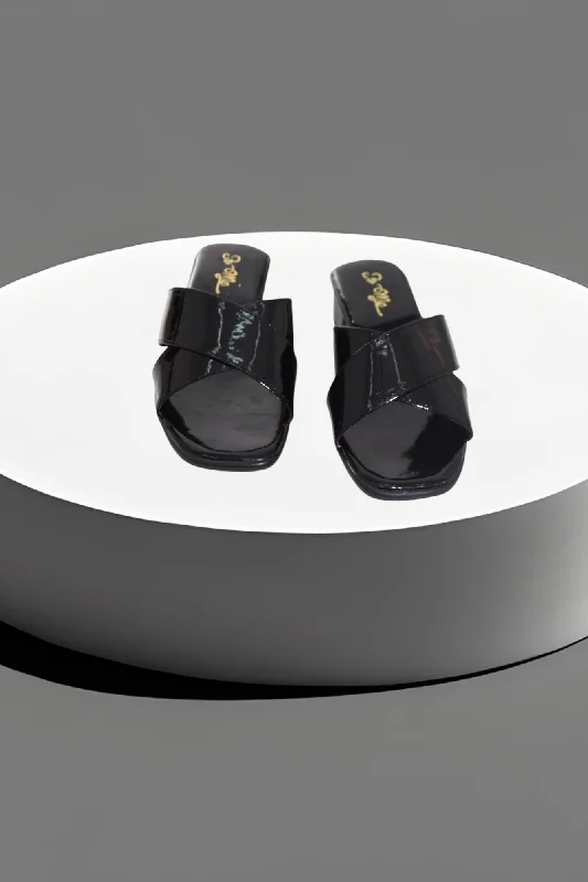 Women's Cork - Soled Espadrille Sandals with a Rope - Trimmed Upper in Navy for a Summer VibeBlack Patent Criss Cross Sandal