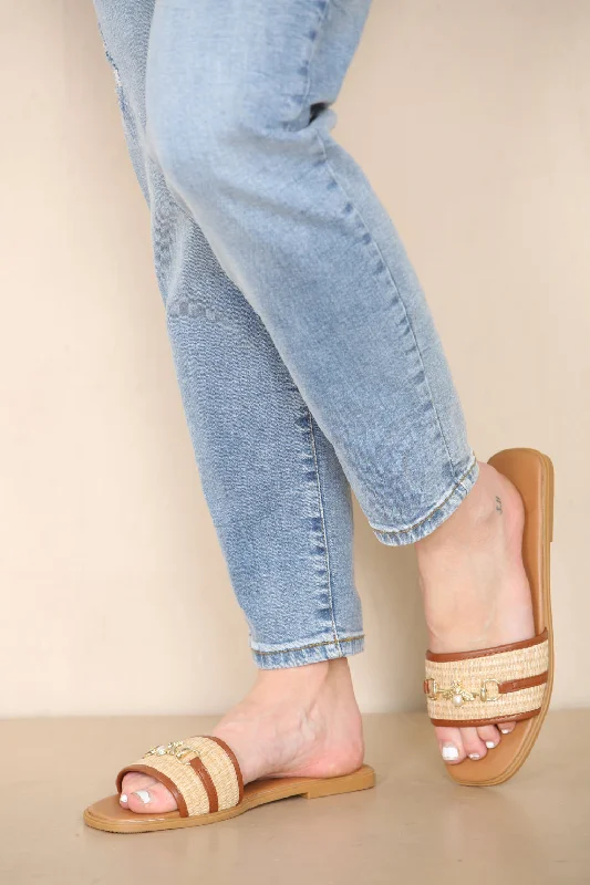 Sustainable Women's Recycled Material Sandals in Beige for Eco - Conscious ShoppersTAN PU GOLD TRIM DETAIL SLIDER SANDALS Sustainable Women's Recycled Material Sandals in Beige for Eco - Conscious ShoppersTAN PU GOLD TRIM DETAIL SLIDER SANDALS
