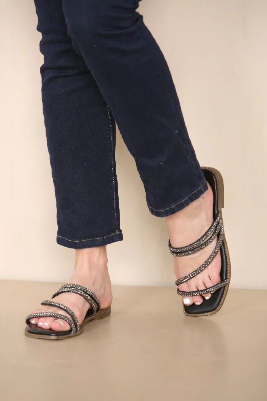 Women's Strappy Gladiator Sandals with Buckle Closures in Tan for a Boho LookBLACK EMBELLISHED STRAPPY SPARKLY FLAT SANDALS Women's Strappy Gladiator Sandals with Buckle Closures in Tan for a Boho LookBLACK EMBELLISHED STRAPPY SPARKLY FLAT SANDALS