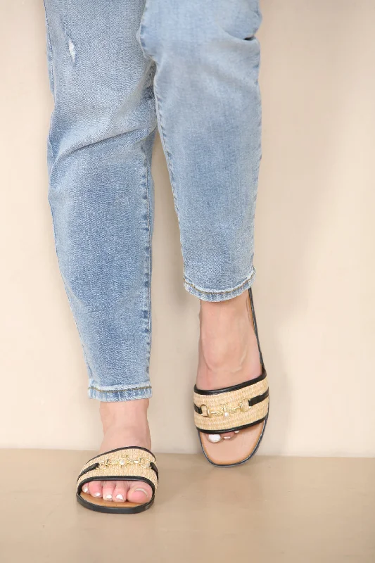 Women's Sandals with a Glitter - Coated Strap in Gold for a Sparkly Summer OutfitBLACK PU GOLD TRIM DETAIL SLIDER SANDALS Women's Sandals with a Glitter - Coated Strap in Gold for a Sparkly Summer OutfitBLACK PU GOLD TRIM DETAIL SLIDER SANDALS