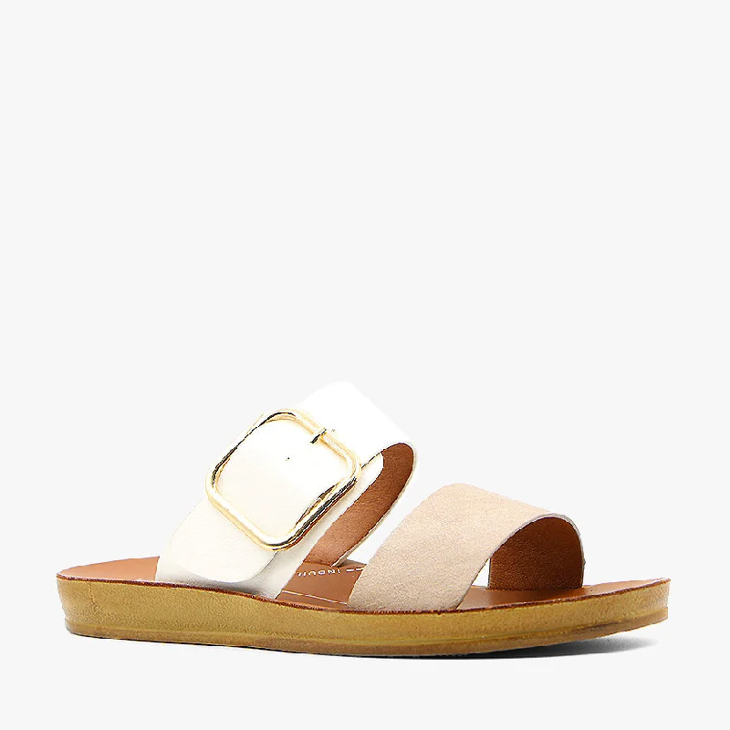 Women's Strappy Gladiator Sandals with Buckle Closures in Tan for a Boho LookDOTI TAUPE/ WHITE