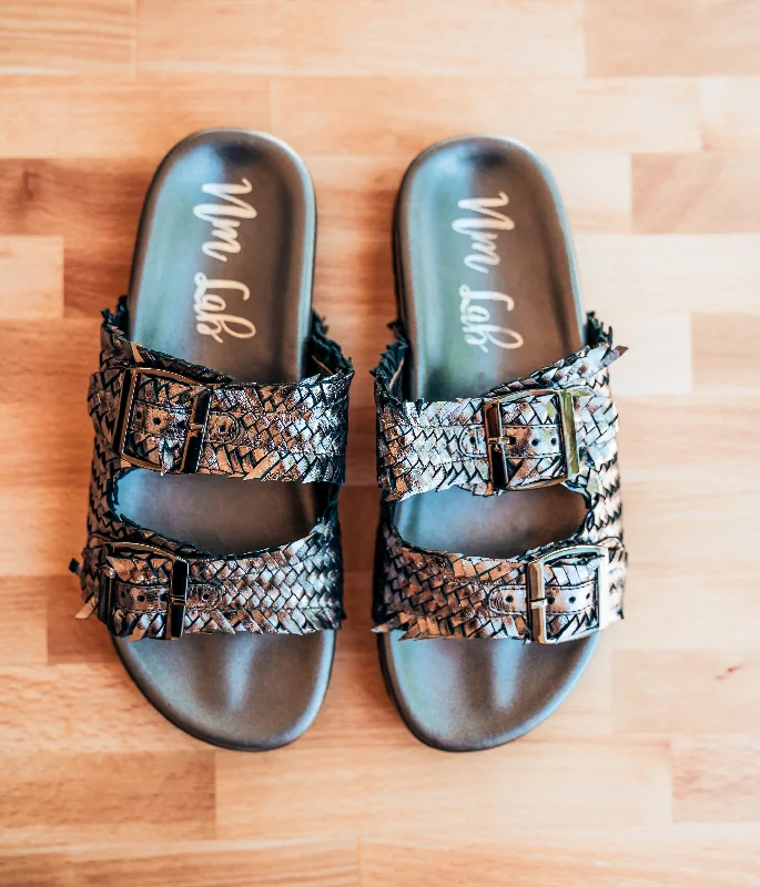 Women's Rhinestone - Embellished Open - Toe Sandals in Silver for a Glamorous Party LookIntertwine Dual Woven Strap Slide in Pewter Women's Rhinestone - Embellished Open - Toe Sandals in Silver for a Glamorous Party LookIntertwine Dual Woven Strap Slide in Pewter