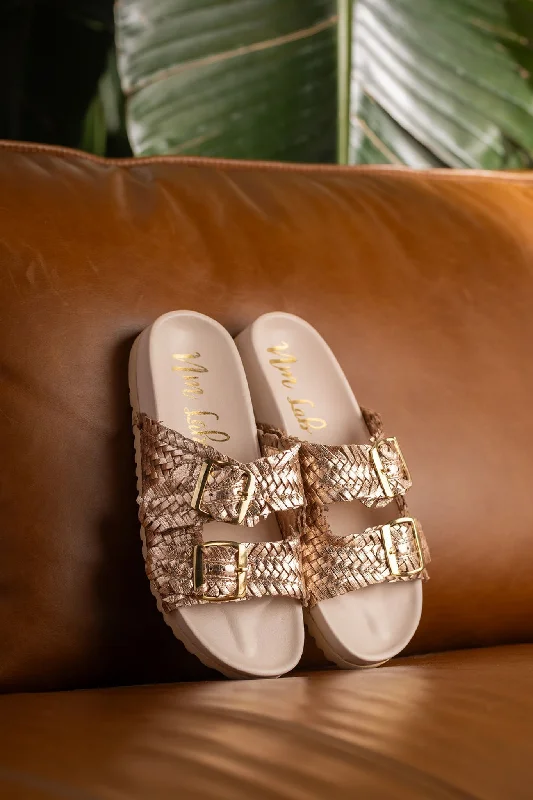 Child - Friendly Women's Sandals with a Secure Buckle in Purple for Moms on the GoIntertwine Dual Woven Strap Slide in Champagne Child - Friendly Women's Sandals with a Secure Buckle in Purple for Moms on the GoIntertwine Dual Woven Strap Slide in Champagne