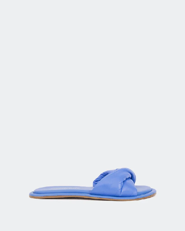 Women's Flat Slide Sandals with a Memory Foam Insole in White for All - Day ComfortLigia Blue Leather