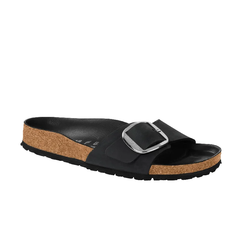 Waterproof Women's Rubber Beach Sandals with Arch Support in Blue for Water ActivitiesMadrid Big Buckle Black Oiled Leather