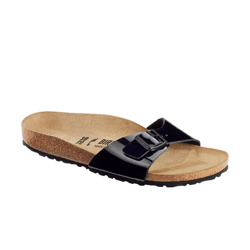 Women's Cork - Soled Espadrille Sandals with a Rope - Trimmed Upper in Navy for a Summer VibeMadrid Black Patent Birko-Flor