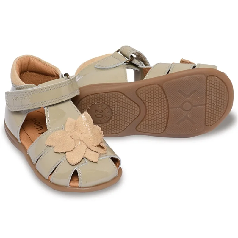 Women's Sandals with a Glitter - Coated Strap in Gold for a Sparkly Summer OutfitPom Pom Starter Sandal Flower Velcro Dusty Olive Patent
