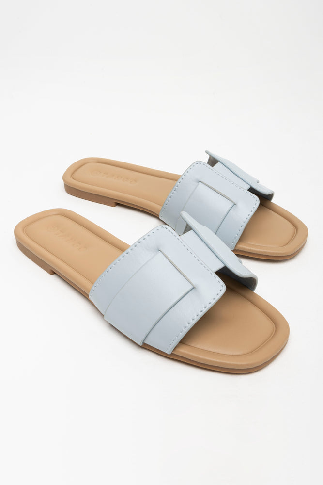Women's Flat Slide Sandals with a Memory Foam Insole in White for All - Day ComfortTextured Mule Sandal Light Blue