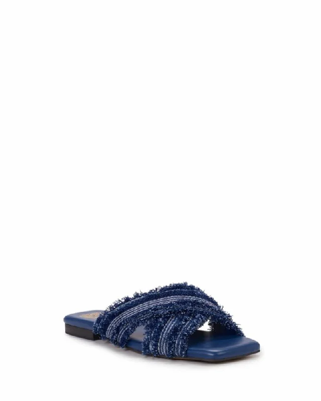 Women's Flat Slide Sandals with a Memory Foam Insole in White for All - Day ComfortVince Camuto ALANINA ELEMENT INDIGO/FIELD DENIM Women's Flat Slide Sandals with a Memory Foam Insole in White for All - Day ComfortVince Camuto ALANINA ELEMENT INDIGO/FIELD DENIM