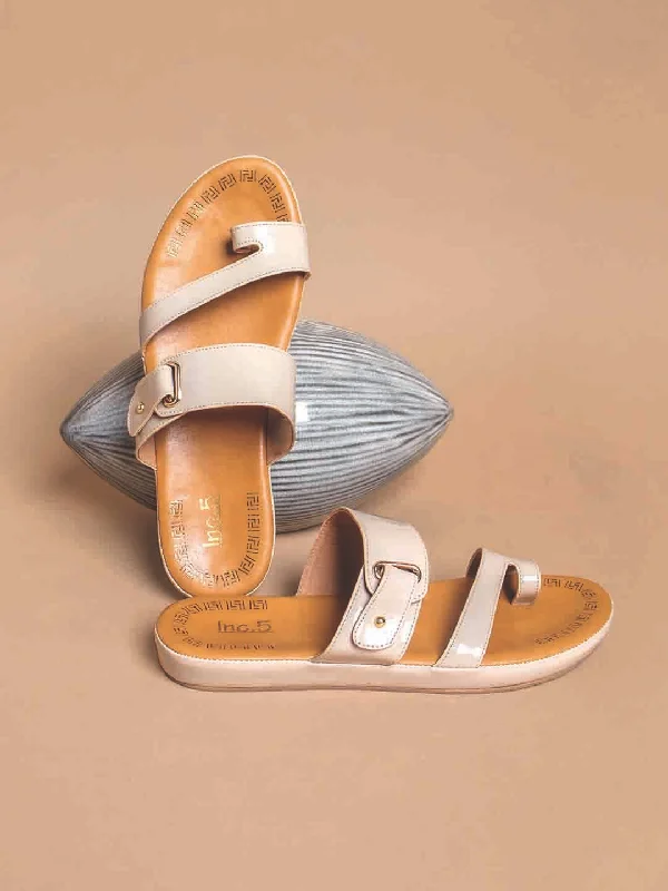 Women's Flat Slide Sandals with a Memory Foam Insole in White for All - Day ComfortWomen Beige Solid Comfort Sandals