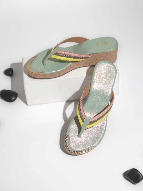Women's Cork - Soled Espadrille Sandals with a Rope - Trimmed Upper in Navy for a Summer VibeWomen Green Textured Wedge Sandals
