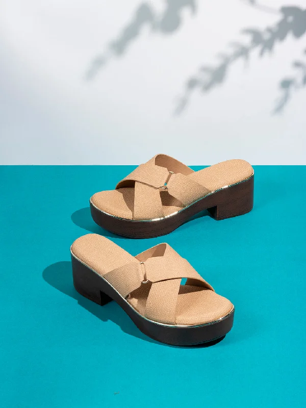 Women's Sandals with a Glitter - Coated Strap in Gold for a Sparkly Summer OutfitWomens Beige Solid Cross Strap Party Wear Platform Heel Sandals