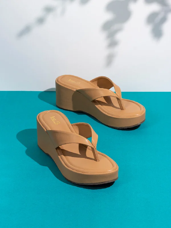Women's Thong Sandals with a Beaded Design in Multicolor for a Beachy AestheticWomens Beige Solid Round Toe Party Wear Wedge Heel Sandals