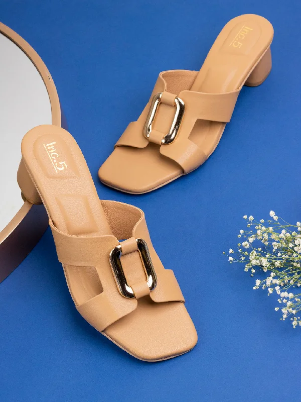 Women's Strappy Gladiator Sandals with Buckle Closures in Tan for a Boho LookWomens Beige Solid Square Toe Party Wear Block Heel Sandals