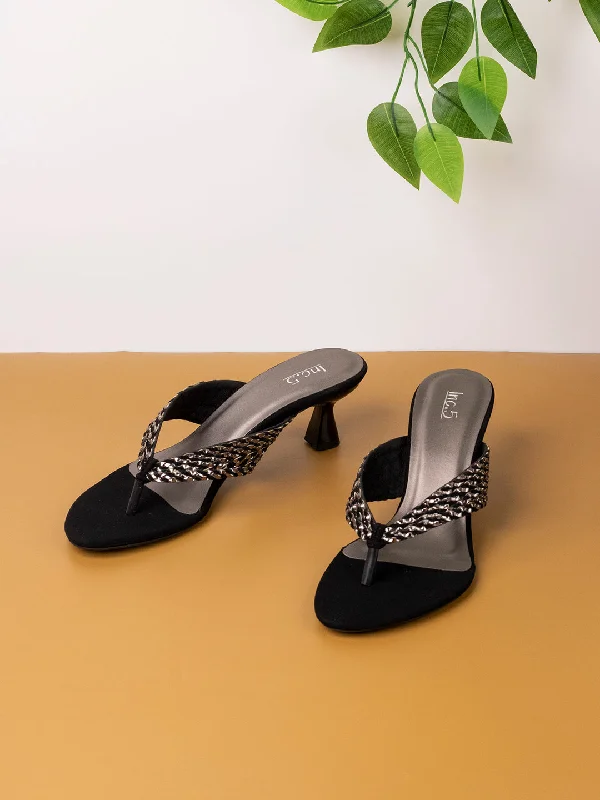Sustainable Women's Recycled Material Sandals in Beige for Eco - Conscious ShoppersWomens Black Printed Round Toe Party Wear Kitten Heel Sandals