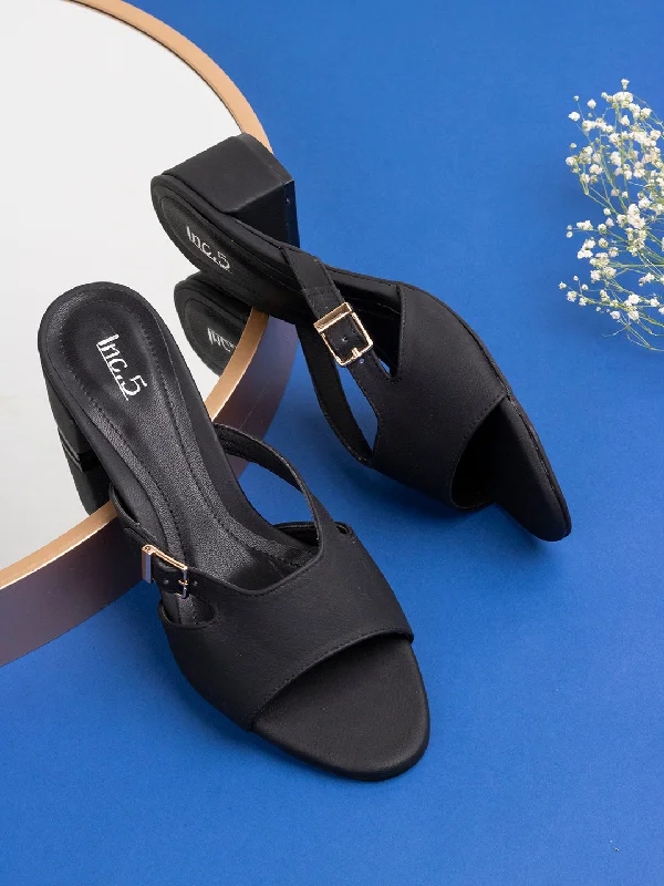Women's Flat Slide Sandals with a Memory Foam Insole in White for All - Day ComfortWomens Black Solid Square Toe Party Wear Block Heel Mule Sandals
