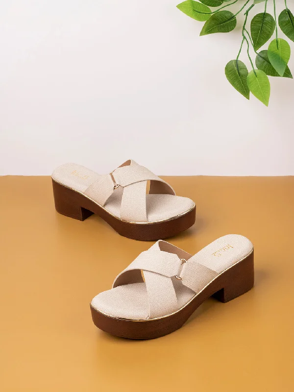 Orthopedic Women's Sandals with Arch Support in Gray for Foot HealthWomens Cream Solid Cross Strap Party Wear Platform Heel Sandals