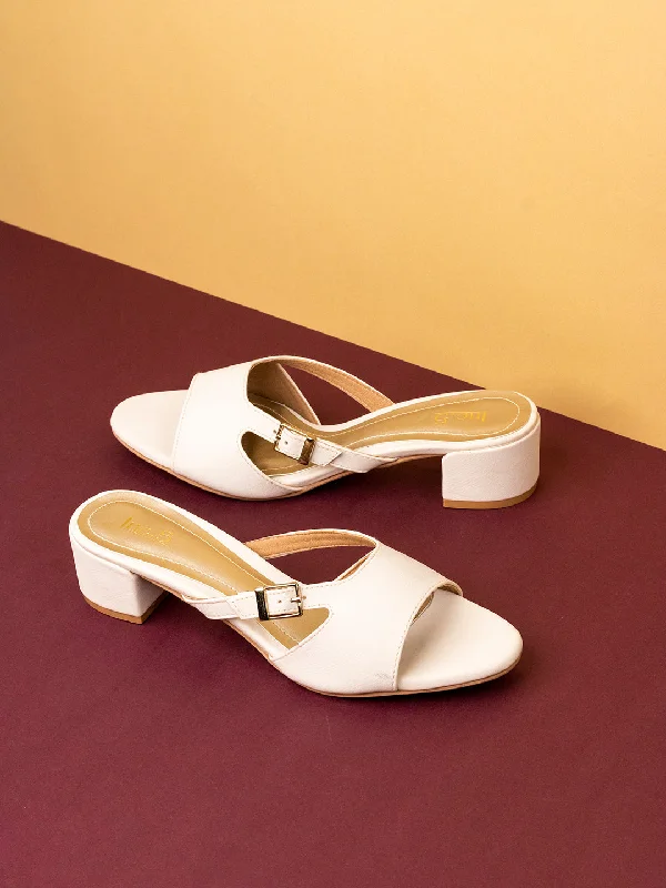 Women's Sandals with a Glitter - Coated Strap in Gold for a Sparkly Summer OutfitWomens Cream Solid Square Toe Party Wear Block Heel Mule Sandals