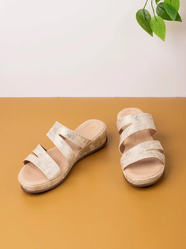 Women's Sandals with a Glitter - Coated Strap in Gold for a Sparkly Summer OutfitWomens Golden Printed Round Toe Casual Slip-On Wedge Heel Sandals