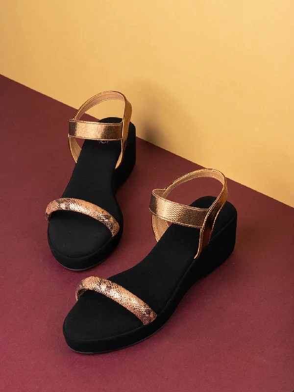 Women's Sandals with a Wedge Heel and a Tassel Detail in Orange for a Trendy LookWomens Golden Solid Round Toe Party Wear Wedge Heel Sandals