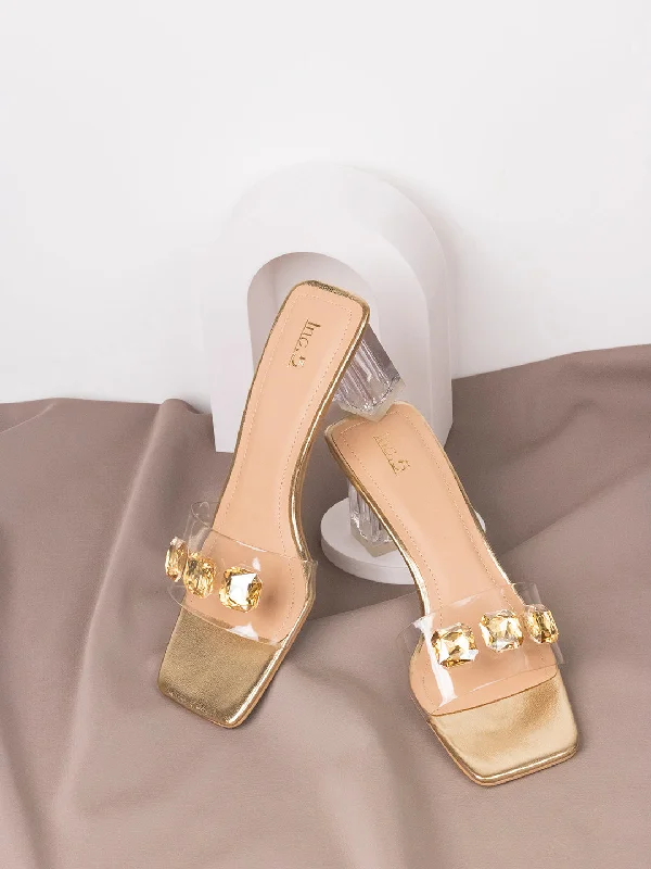 Orthopedic Women's Sandals with Arch Support in Gray for Foot HealthWomens Golden Transparent Square Toe Party Wear Block Heel Sandals