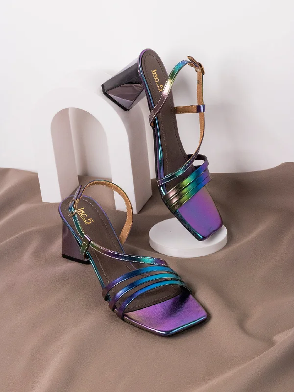Lightweight Women's Mesh - Paneled Sandals in Yellow for BreathabilityWomens Multi Striped Square Toe Party Wear Block Heel Sandals